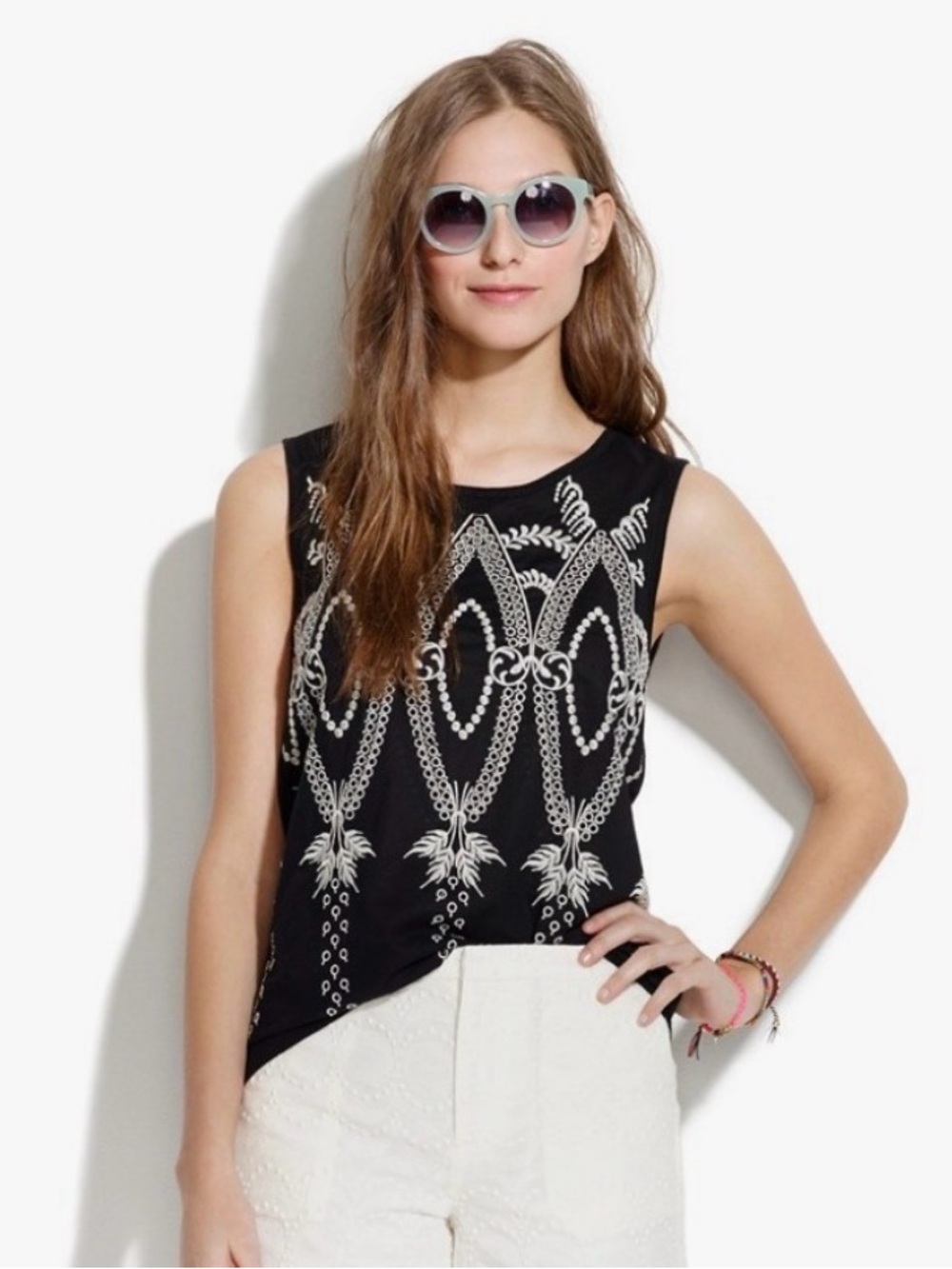 Madewell Black Tank Top with Ivory Embroidery